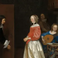 Een man in een zwarte jas, mogelijk een bezoek aan een dame in een rode jurk, terwijl een vrouw luit speelt. Een tafereel uit Gerard ter Borch's oeuvre.