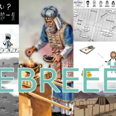 Een collage met Bijbelse afbeeldingen, waaronder een priester, een stamboom met Abel, en de tekst "HEBREËN".