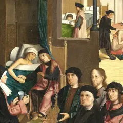 Een tafereel van de zeven werken van barmhartigheid: zieken verzorgen, doden begraven en de armen voeden.