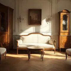 Een salon in biedermeier stijl met een bank, twee stoelen, een salontafel en kasten.