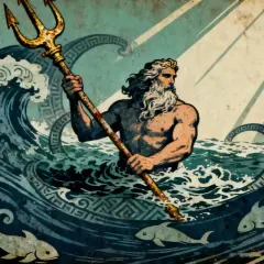 Wie is Poseidon? De god van de zee, met drietand, te midden van woeste golven en vissen.