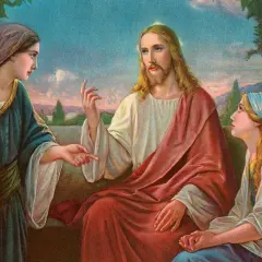 Jezus zit met twee vrouwen, een met fruit, en legt hen iets uit. Wie is Jezus?