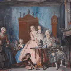 Een tafereel van Cornelis Troost: een gezin geniet van een gezellige middag met koekjes en thee, terwijl de haard knispert.