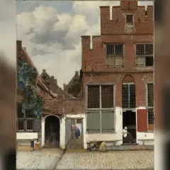 Het straatje van Vermeer toont een rustige Delftse straat met bakstenen huizen, vrouwen bij de deuropening en een hondje.