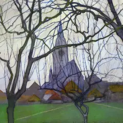 Een schilderachtig **dutch landscape** met een kerk en huizen, omlijst door kale takken.