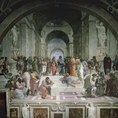 De School van Athene: een fresco met filosofen in een klassieke architectuur. Plato en Aristoteles staan centraal, omringd door denkers.