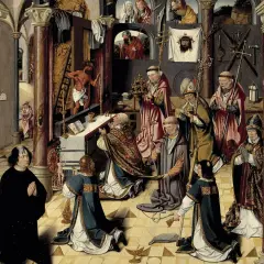 Gedetailleerd tafereel met religieuze figuren, een altaar en symbolen van het lijden van Christus, kenmerkend voor middeleeuwse schilderijen.