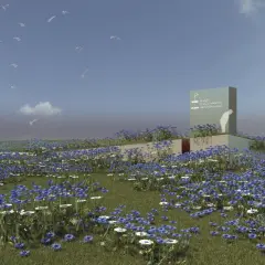 Een bloeiend landschap met een waterval, omringd door blauwe korenbloemen en witte margrieten. Vogels vliegen in de lucht.