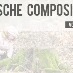 Vrouw met camera in bos, omringd door boomstronken en bladeren. Tekst: "7 magische compositie tips voor betere foto's".
