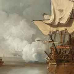 Twee majestueuze hollandse schepen varen op een kalme zee, omringd door mist en kleine roeiboten met zeelieden.