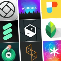 Collage met diverse **foto app iPhone** iconen, waaronder een zonsondergang, een lens, een blad en geometrische vormen.