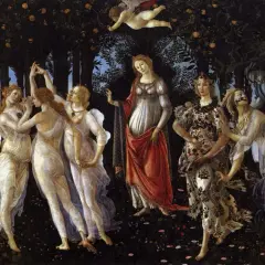 Een prachtig staaltje Italiaanse kunst: nimfen dansen in een bos, terwijl Cupido pijlen schiet.
