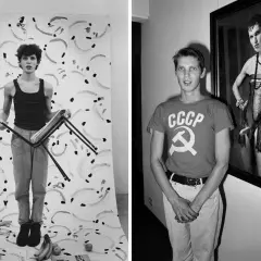 Twee vroege, bekende werken van Erwin Olaf: een man met een stoel voor een abstracte achtergrond en een man met een CCCP-shirt voor een portret.
