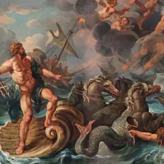 De Griekse god Neptunus rijdt op een schelp, getrokken door paarden met vissenstaarten. Schepen en putti in de lucht.