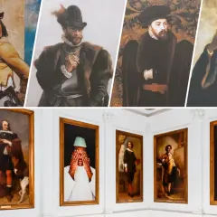 Collage van schilderijen met historische figuren in diverse kledij, van renaissance tot moderne portretten.