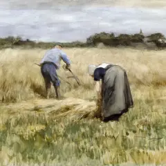 Een boer en boerin oogsten graan, een typisch tafereel van de Haagse School. De zon schijnt op het gouden veld.