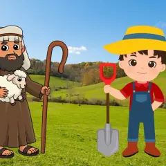 Kain, de boer met schep, en Abel, de herder met schaap, staan in een groen landschap onder een blauwe hemel.