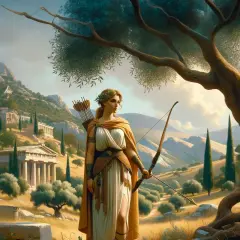 Artemis godin, met pijl en boog, staat in een oud Grieks landschap met ruïnes en olijfbomen.