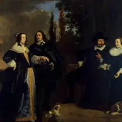 A group portrait of a family with two dogs and a child, painted in a dark, dramatic style.