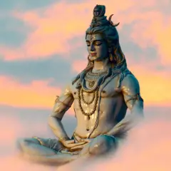 Meditatie van Shiva, een centrale godheid in het hindoeïsme, omringd door zachte, kleurrijke wolken bij zonsondergang.