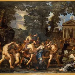 Bacchus, de griekse god van de wijn, viert feest met nimfen en saters. Een triomftocht vol plezier en overvloed.