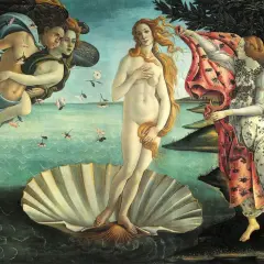 Venus op de schelp, een iconisch werk van renaissance kunst. Ze wordt aangeblazen door de windgoden en verwelkomd door een nimf.