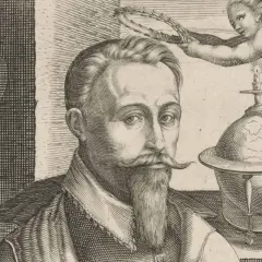 Hendrick Goltzius, een man met een sik, kijkt ernstig. Een putto met een lauwerkrans boven een aardbol met een brandende kaars.