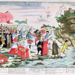 Spotprent Franse Revolutie: geestelijken en edelen vluchten voor de revolutie, terwijl de constitutie op een rots staat.