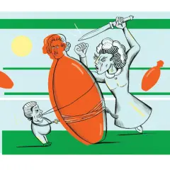 Spotprent Willem V: een vrouw met zwaard dreigt een oranje figuur, terwijl een klein mannetje aan een touw trekt.