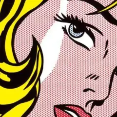 Close-up van een vrouwengezicht in pop-artstijl. Deze Amerikaanse popartkunstenaar liet zich inspireren door cartoons, wat te zien is aan de strakke lijnen en stippen.