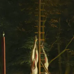 Gruwelijk gebroeders de witt schilderij toont twee opgehangen lichamen in een bos, met een ladder en een paal met een punt.