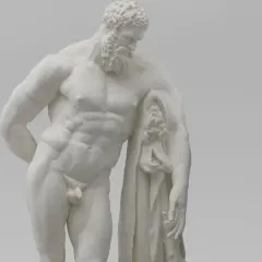 De Farnese Hercules, een marmeren beeld van een gespierde man met baard, leunt vermoeid op zijn knuppel, de huid van de Nemeïsche leeuw over zijn arm.