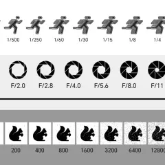 Diagram toont sluitertijd, diafragma (f-stops) en ISO. Van snelle sluitertijd tot langzaam, groot diafragma tot klein, en lage ISO tot hoge ISO met toenemende ruis.