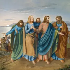 Jezus leidt zijn discipelen, waaronder Petrus, langs de zee. Een menigte volgt hen, sommigen met ezels.