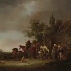 Een levendige scène van Van Ostade met mensen, paarden en kippen bij een herberg, onder een dramatische hemel.
