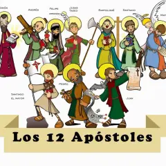 De twaalf apostelen van Jezus, elk met hun eigen symbool, zoals Petrus met de sleutels en Johannes met een adelaar.