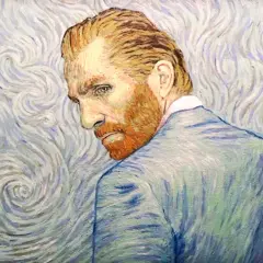 Een schilderij van Vincent van Gogh, met zijn kenmerkende penseelstreken, toont een portret van de kunstenaar zelf, kijkend over zijn schouder.
