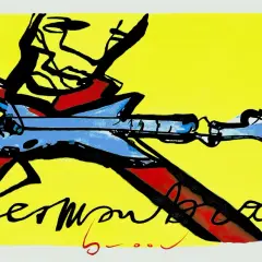 Abstracte afbeelding met een blauwe gitaar en rode accenten, met de handtekening van Herman Brood.