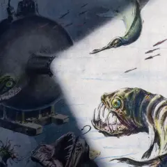 Duikboot wordt omringd door angstaanjagende fantasiewezens, met scherpe tanden en gloeiende ogen, in de duistere diepten.
