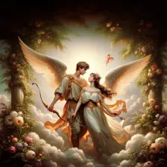 Een gevleugelde man met een boog en pijl, en een vrouw met bloemen in haar haar, omringd door wolken en rozen. Dit is de ware eros betekenis.