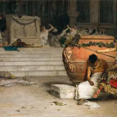 Een Bacchant met een tamboerijn, omringd door dronken figuren en een grote amfoor, na een wilde viering.
