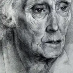 Gedetailleerde potloodtekening van een oudere man, Aart van Dobbenburgh, met diepe rimpels en een peinzende blik.