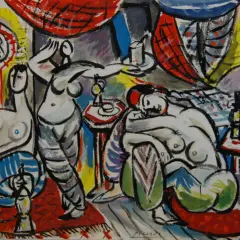 Een levendige interpretatie van "Les femmes d'Alger", met naakte figuren in een weelderige, kleurrijke setting, mogelijk een harem.