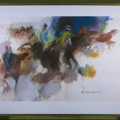 Abstracte paarden en ruiters in beweging, gesigneerd door Jan Peter van Opheusden. Kleurrijk en dynamisch pastelwerk.