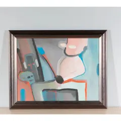 Abstract schilderij met roze en grijze figuren, kenmerkend voor Rob Scholte. Een man met een witte mond en ogen zit aan een tafel.