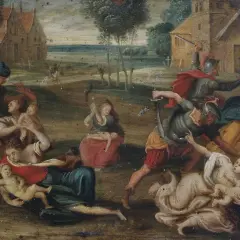 De kindermoord van Bethlehem: soldaten vallen moeders aan en grijpen baby's. Een gruwelijk tafereel.