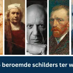 Portretten van bekende kunstenaars: Leonardo da Vinci, Rembrandt, Picasso, Van Gogh en Monet. Een eerbetoon aan meesters van de schilderkunst.