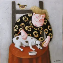 Een vrouw met een vrolijk patroon op haar jurk aait een hondje. Een vogel kijkt toe. Ada Breedveld.