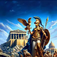 Griekse godin, geboren uit het hoofd van Zeus, met een uil op haar arm, staat voor een tempel.