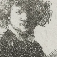 Een ruw, gedetailleerd Rembrandt zelfportret met krullend haar en een schaduw over het gezicht. De kunstenaar kijkt peinzend.